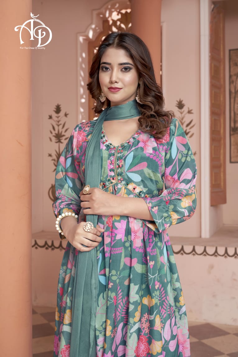 Mehera Green Floral Alia Cut Suit Set